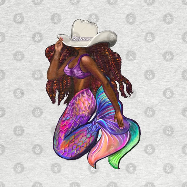 Cow girl Mermaid with flowing red locs and Country Cow boy hat Afro hair and brown skin. Black mermaid by Artonmytee